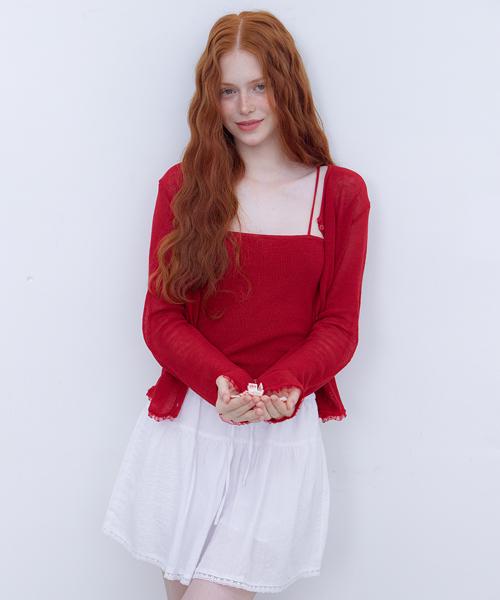 LACE FRILL CARDIGAN & SLEEVELESS SET - RED