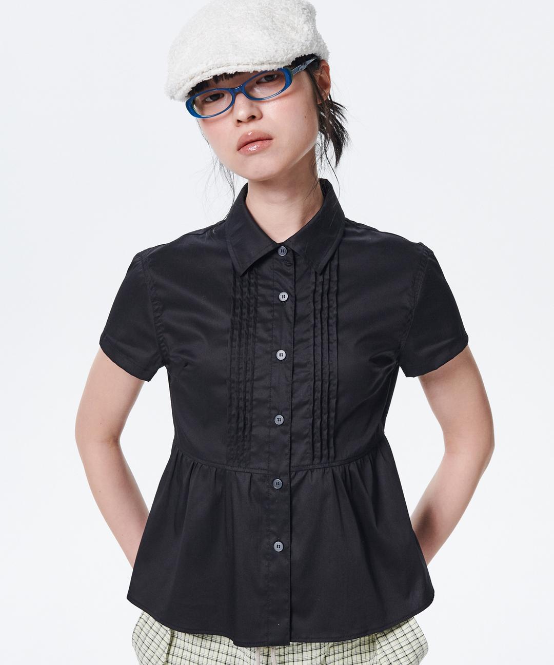 PIN TUCK FRILL SHIRTS [BLACK]