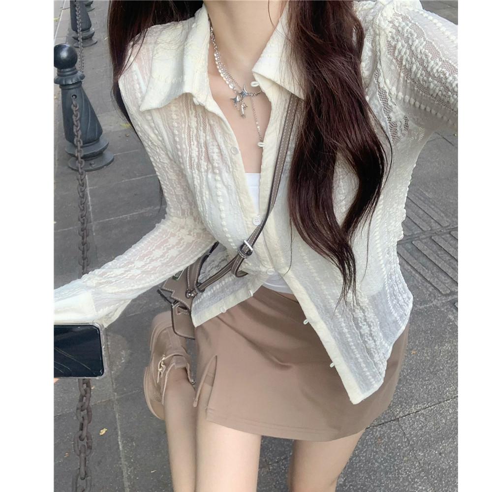 맘미 레이스 시스루 자수 레이어드 카라 긴팔 셔츠