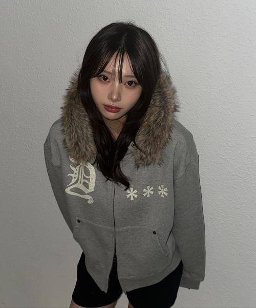 AMOU Fur Hoodie Zip-Up GREY