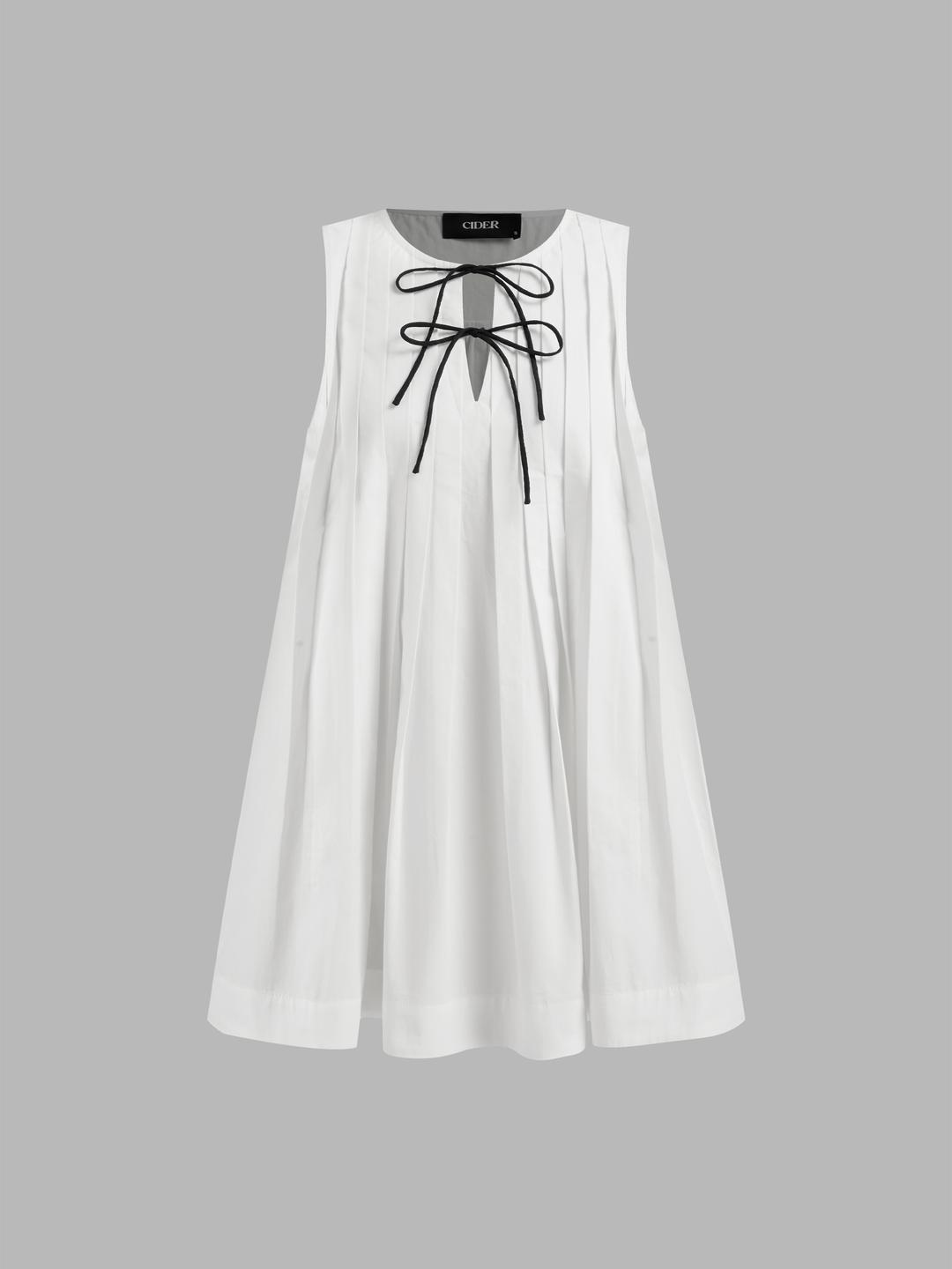 100% Cotton Tie Front Bow Pleated Babydoll Mini Dress