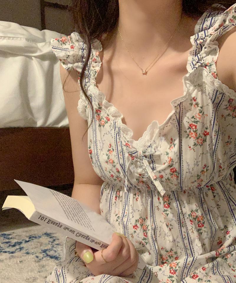 쁘렌디 [직진🚀] 메이블 여름 원피스 잠옷 면 프릴 공주 파자마