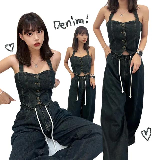 [당일/SET] 생지 홀터 데님 투피스