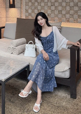 [여행룩] 블루밍 리본 끈나시 원피스(끈조절가능)