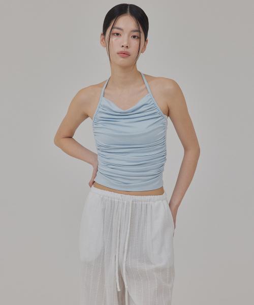 BACKLESS TIED UP SHIRRED HALTER TOP_T516TP122