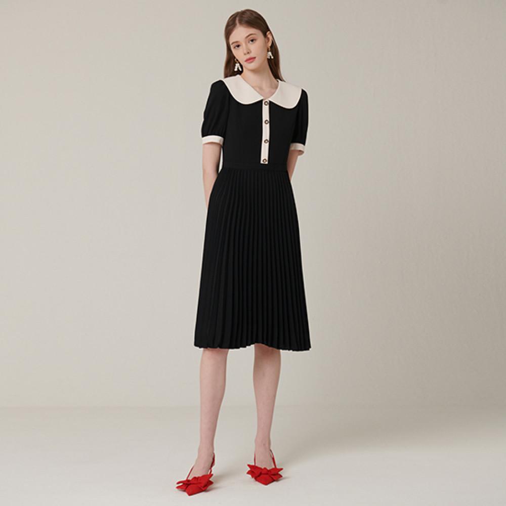 배색카라 플리츠 반팔 원피스(S222S605)/샤틴(영패션)