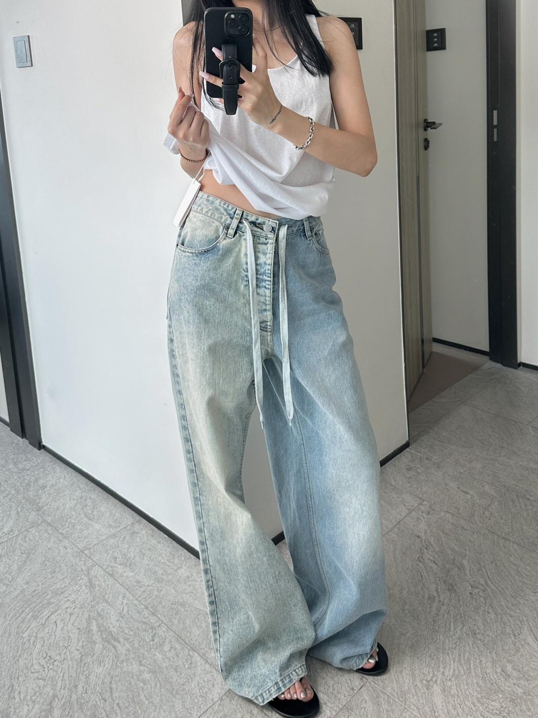 워싱 스트링 와이드 데님 팬츠