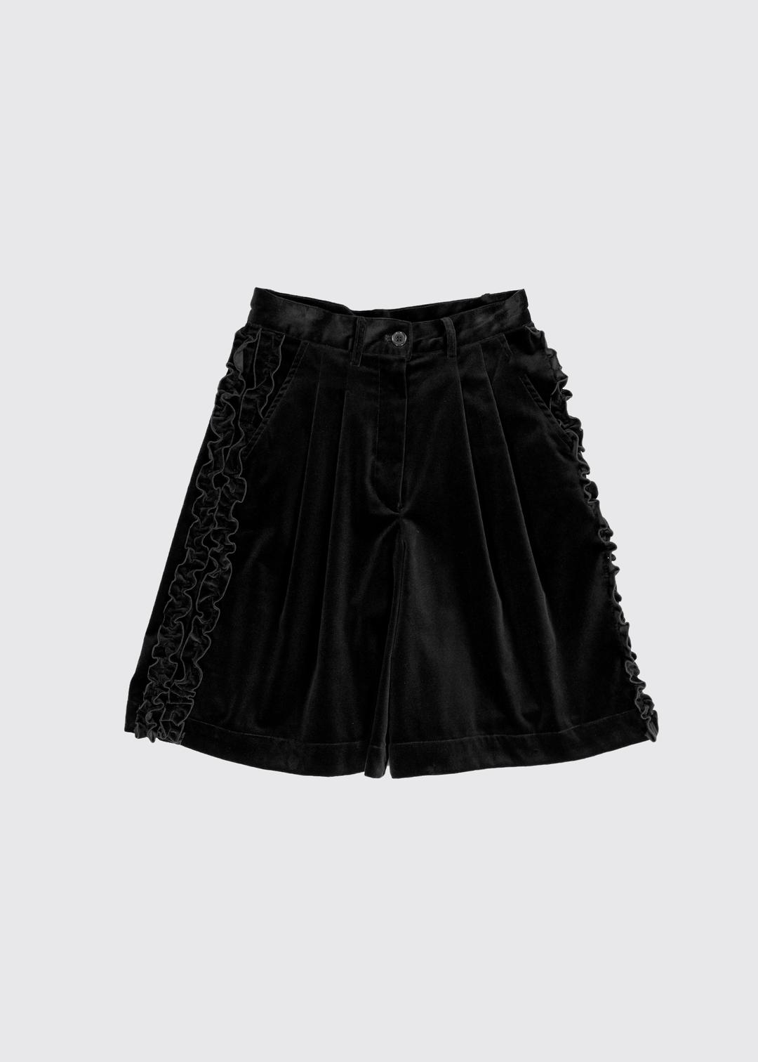 RUFFLE COTTON VELVET CULOTTE PANTS - BLACK