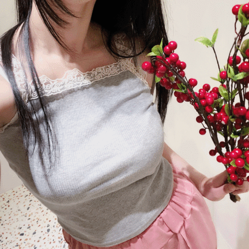 레이스 스퀘어넥 슬리브리스 슬림핏 레이어드 나시 골지 크롭 탑 4col