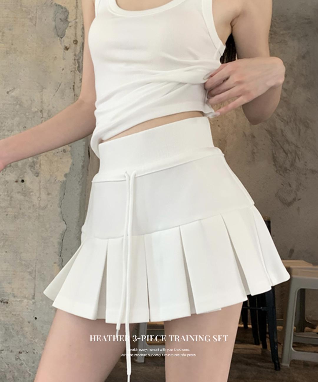 로스트체리 [3ps SET] 헤더 오버핏 후드티 & 플리츠 스커트 & 슬림 나시 트레이닝 셋업 - 2color