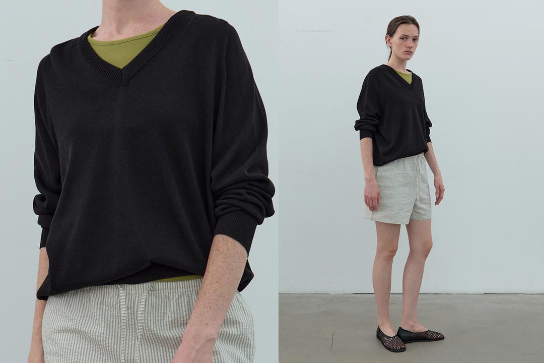 Linen wholegarment v-neck knit (black)