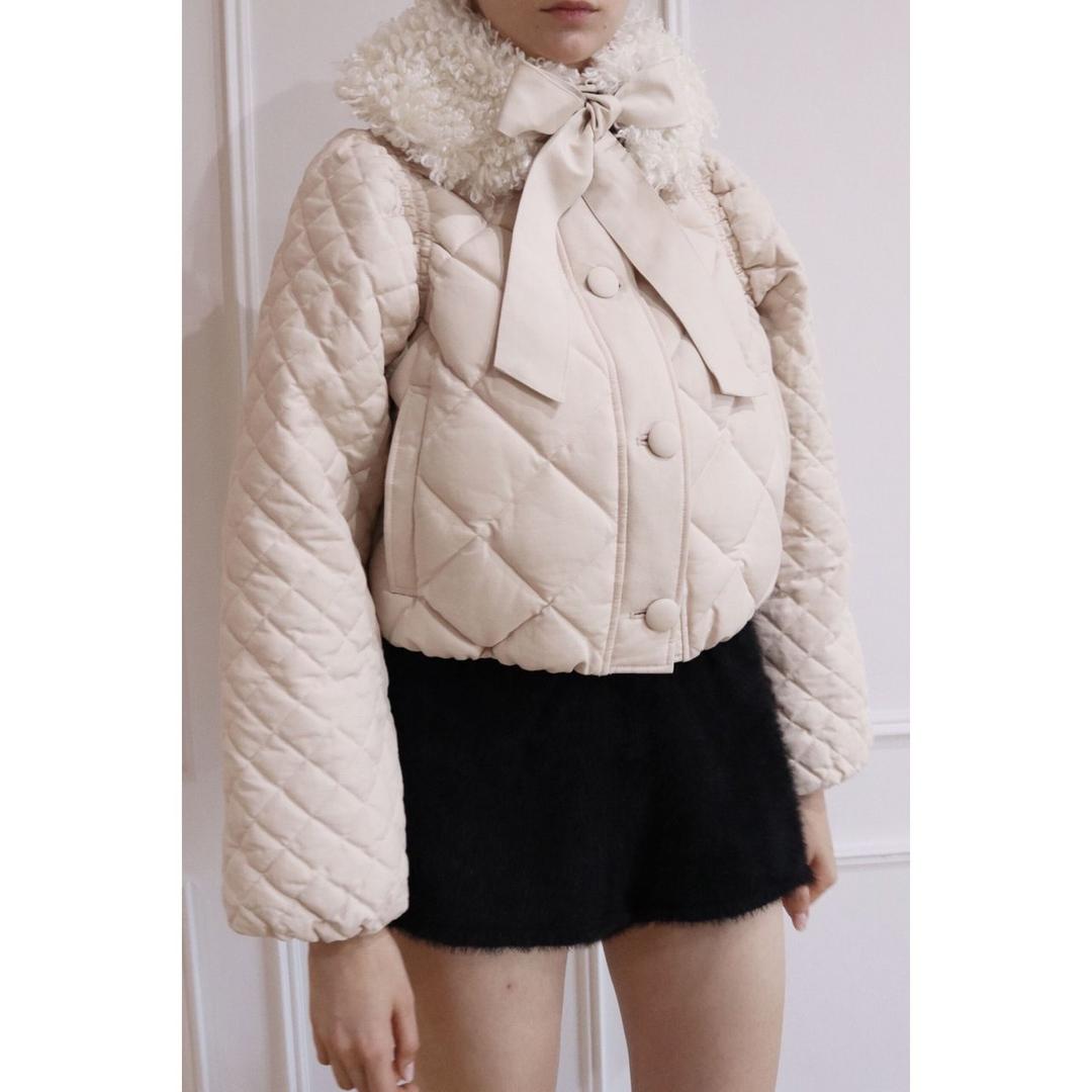 fur ribbon quilting short down coat ivory