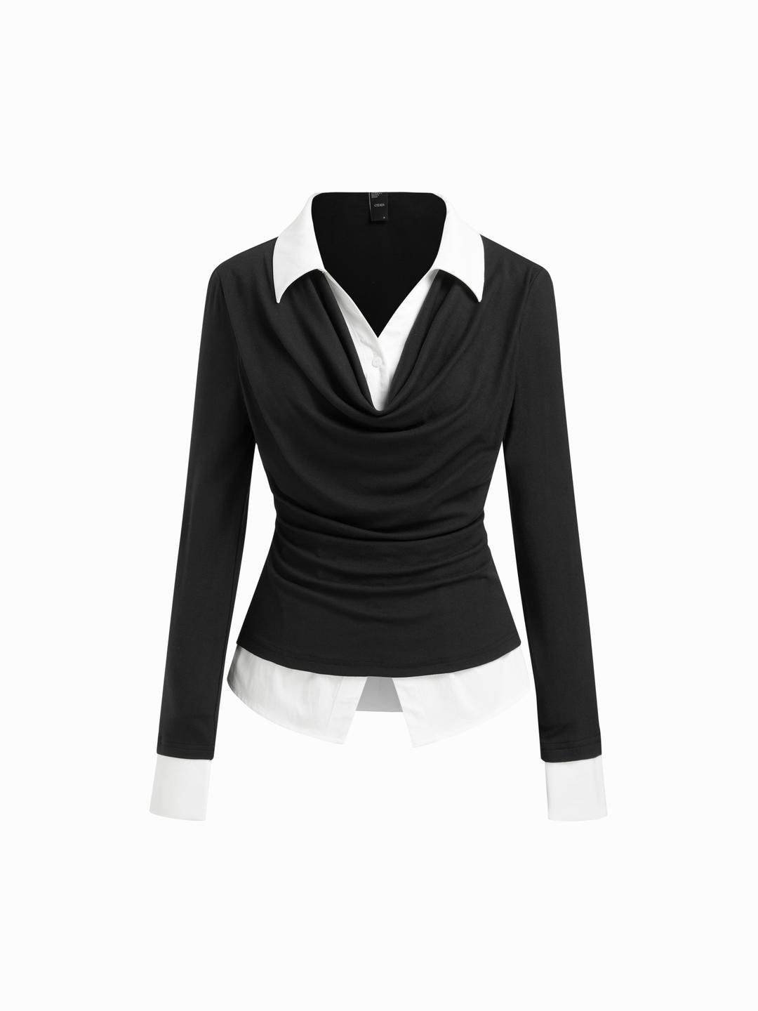 Cowl Neck Two Tone Ruched Long Sleeve Top