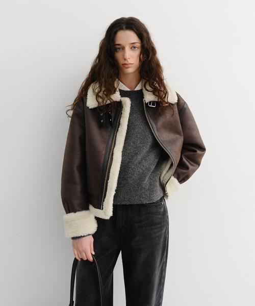 UNISEX LOOSE FIT LINE SHEARLING JACKET_UDJU5D123_BROWN