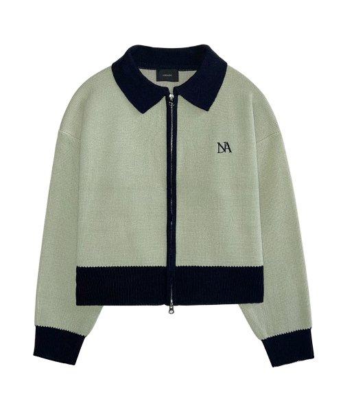 NOI598 배색 카라 니트 집업 (세이지그린)