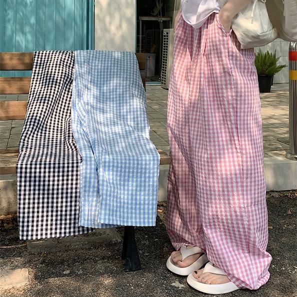 지지미 체크 와이드 밴딩팬츠