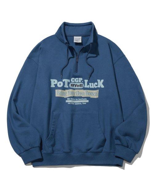 POT LUCK 넥 스트링 하프집업 맨투맨_블루