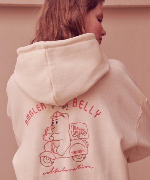 [벨리곰 콜라보] BELLY PIZZA 남여공용 오버핏 기모 후드 티셔츠 BMM108 (IVORY)