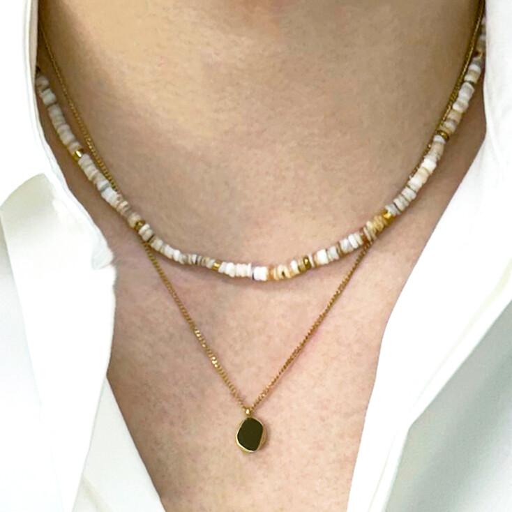 [SET] Natural Shell Beads & Gold Pendant Necklace