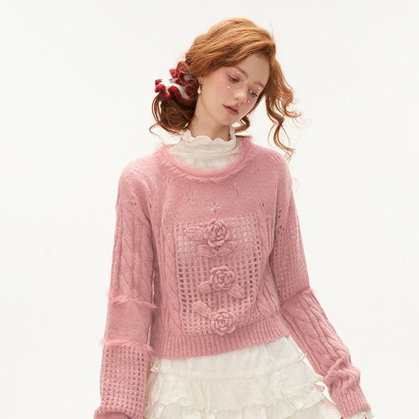 Rose Punching Knit Wool Sweater