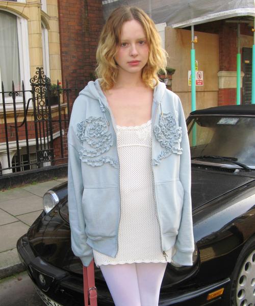 Rose Frill Oversized-Fit Hooded Zip-Up (Blue)