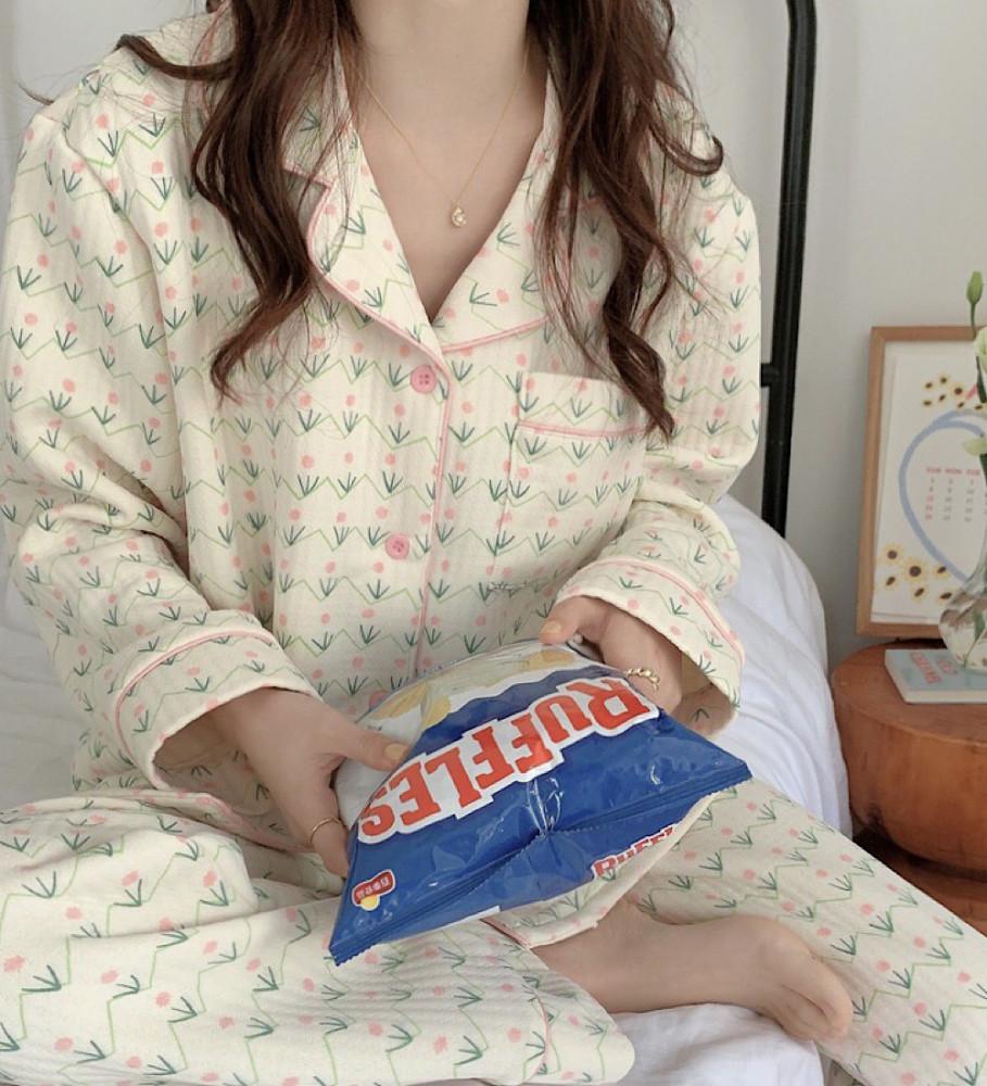 여성 긴팔 누빔잠옷 세트 지그재그 파자마 여행룩 홈웨어