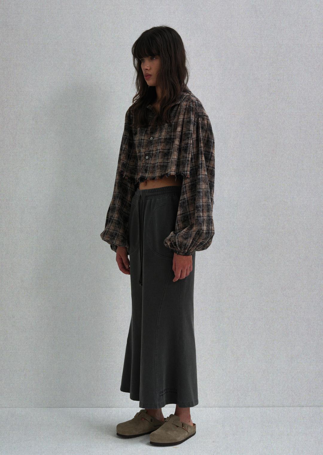 WASHED CHECK SHIRRING SHIRT BROWN