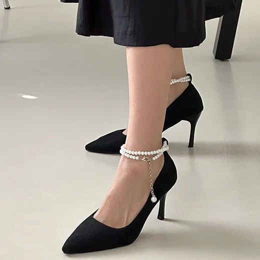 [분위기깡패🤍] 폭신 스웨이드 진주 스트랩 스틸레토 펌프스 하이힐(7cm)-3231