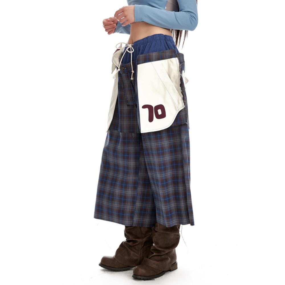 JIKOO 팬츠 오리지널 디자인 체크무늬 8부 와이드핏 바지