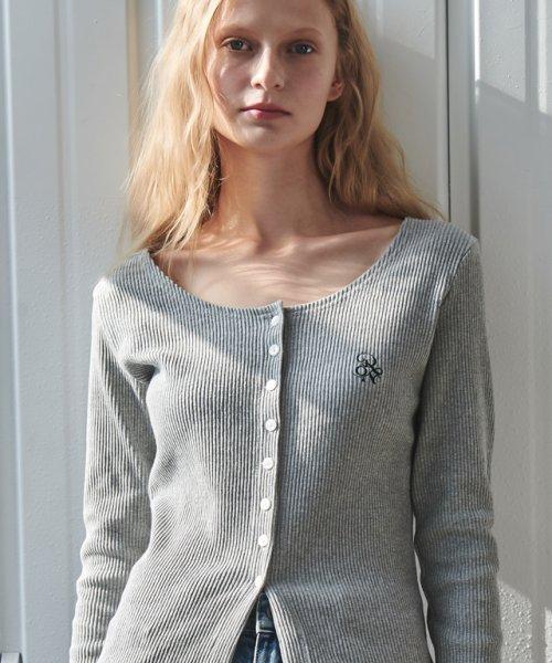 SLIM BUTTON U NECK LONG SLEEVE GREY