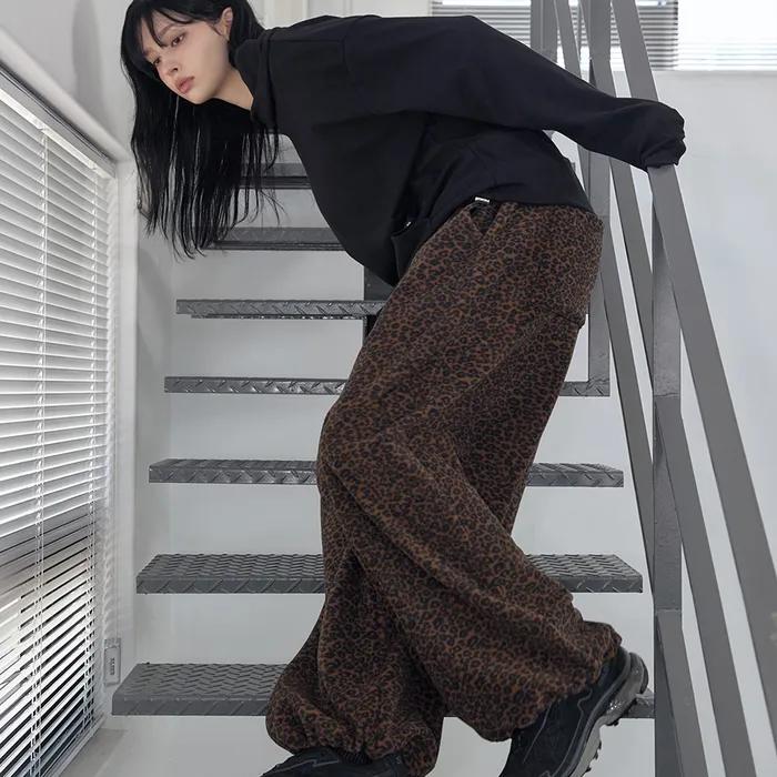 Leopard Fleece Wide Pants Brown