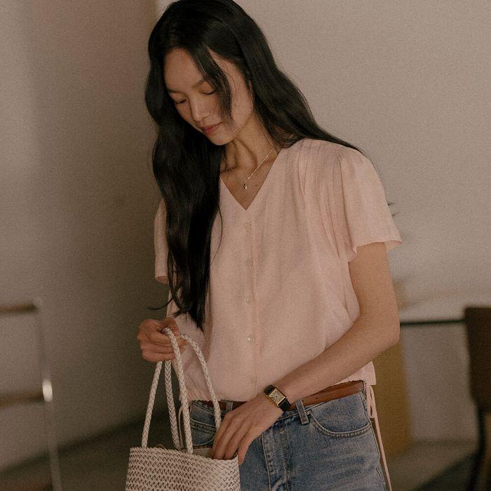 Button V-neck blouse TISU01BL08_Pink