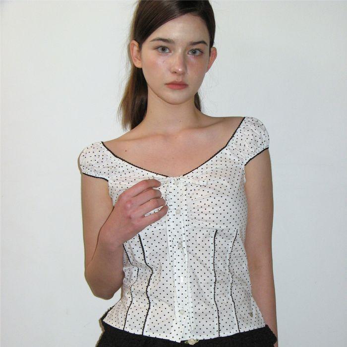 DOT LACE SHIRRING BLOUSE_WHITE