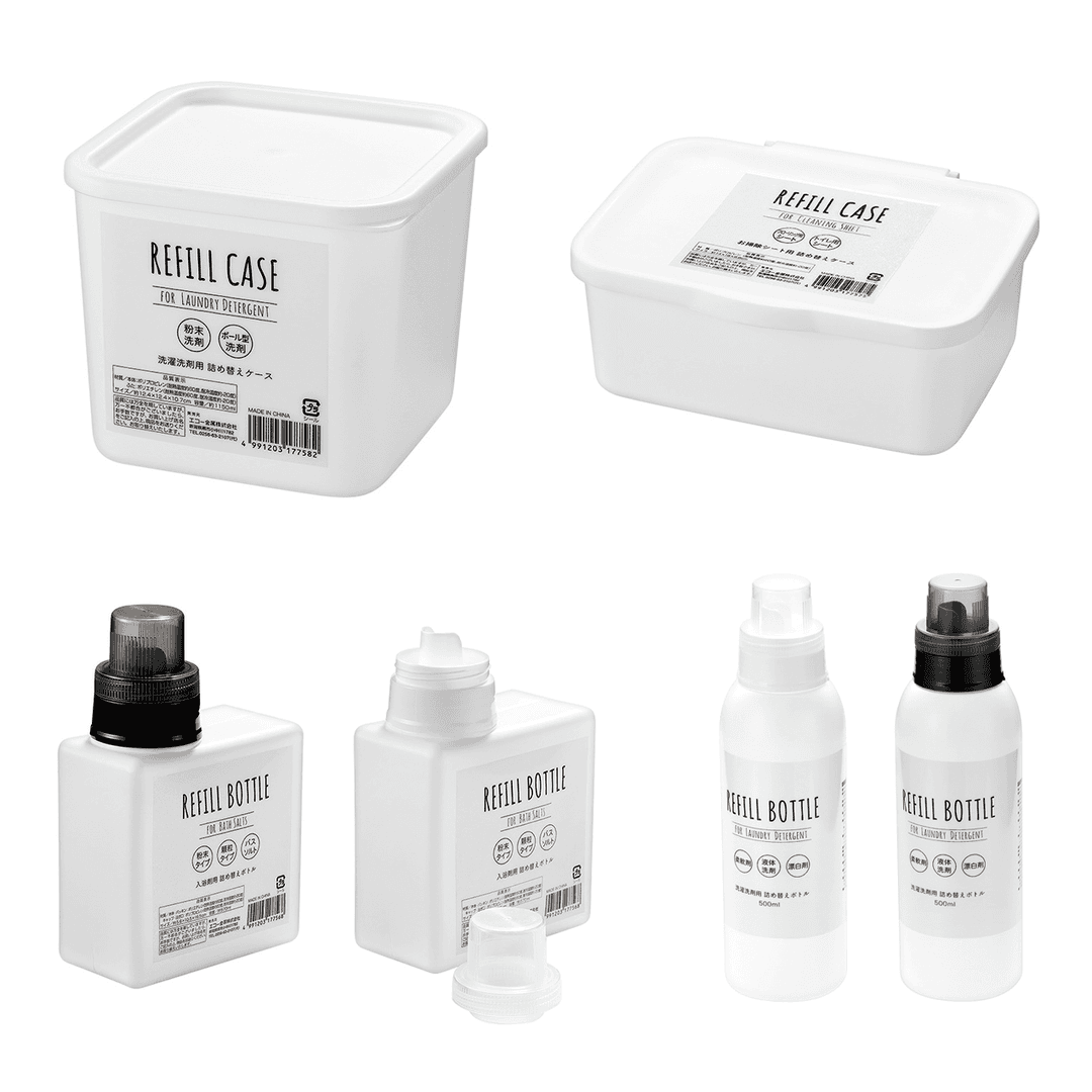 화이트 다용도 리필 케이스 용기 4종 모음 소품 세탁 가루 액체 세제 소분 리필통 보관 청소 용품 정리 수납