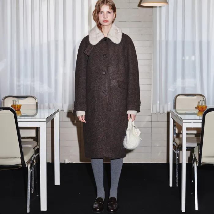 WOOL BOUCLE FUR COLLAR COAT_BROWN