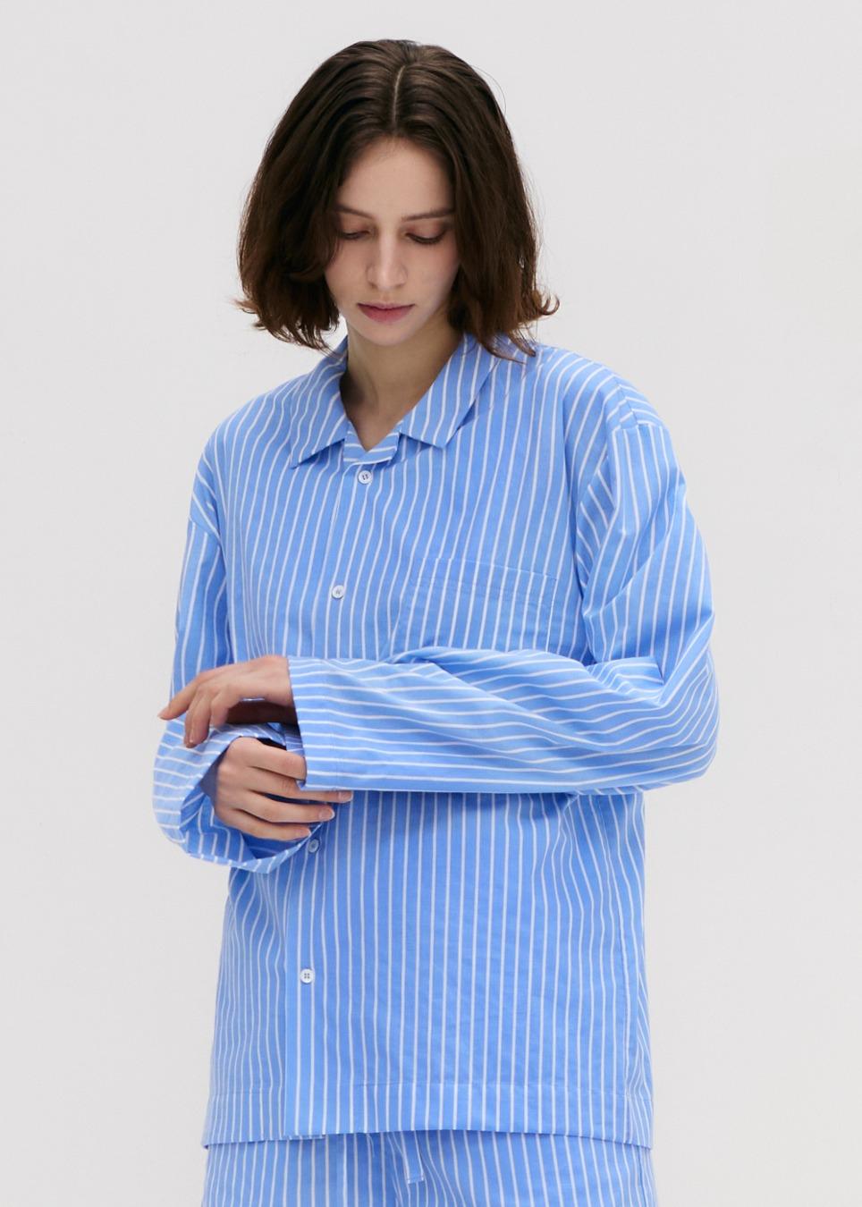 Stay Stripe Pajamas Long Sleeve Shirts - Light Blue
