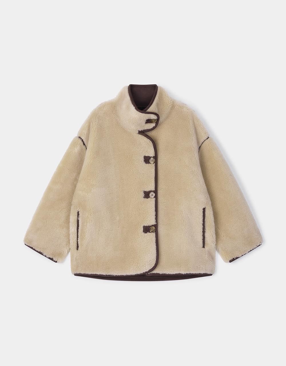 리얼 양털 오버핏 라인 무스탕 자켓 [베이지]