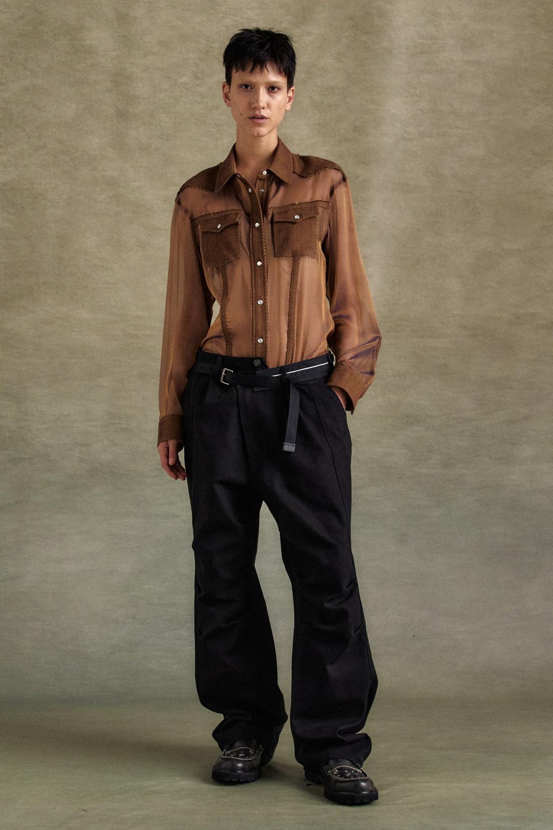 HERRINGBONE CUT-OUT SILK CHIFFON SHIRTS atb1304w(BROWN)