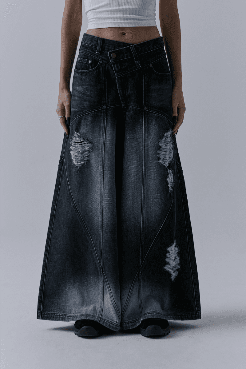 Damaged Over Wide Denim Pants [ Blue ]