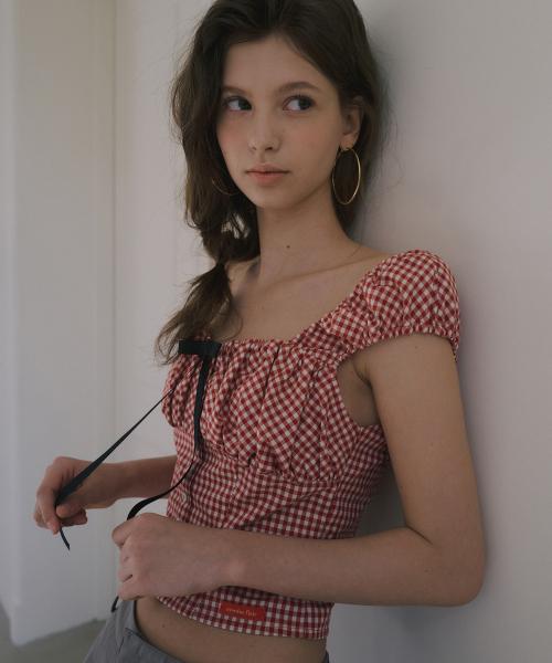 RIBBON HEART NECK VOLUME BLOUSE_RED CHECK
