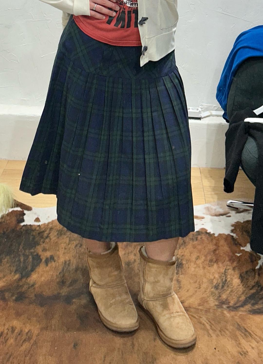 Classic Green Check Pleated Midi Skirt