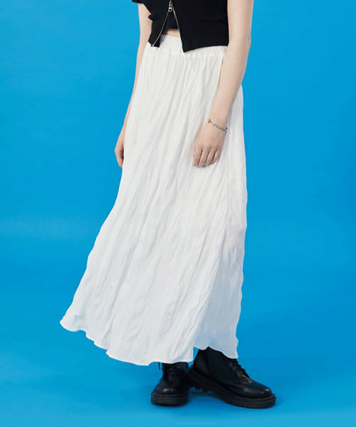 콜릿 [🦋베이비몬스터 루카 착용][🏆누적 5천] WOMEN 쿨링 냉장고 마몽 주름 플레어 롱스커트 [화이트/블랙]