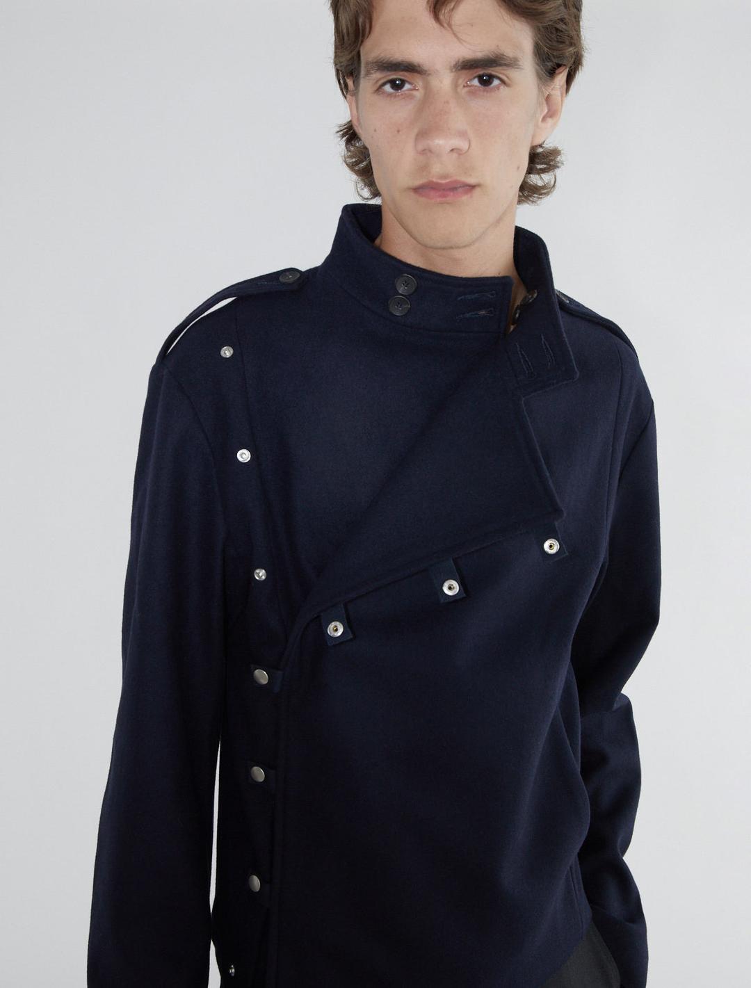 GALDANA-Men’s wool jacket with a front crossover and snap-button tabs for closure