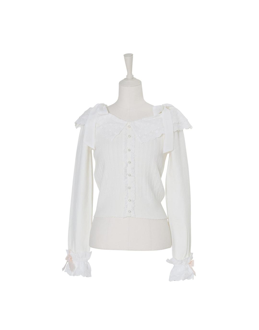 Ruffle and lace cuff ribbon ニット - WHITE / FREE