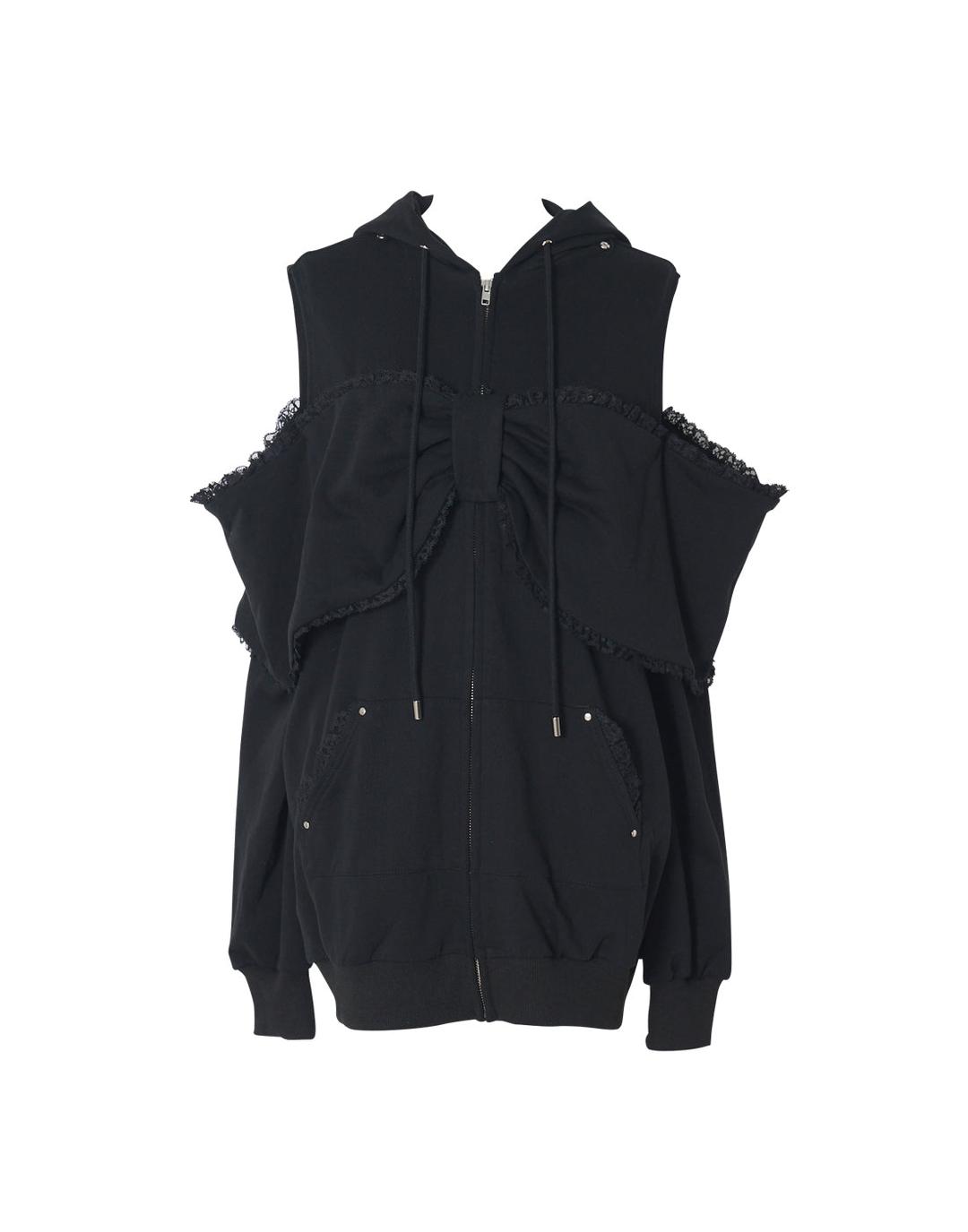 Ribbon shoulder zip hoodie oversize