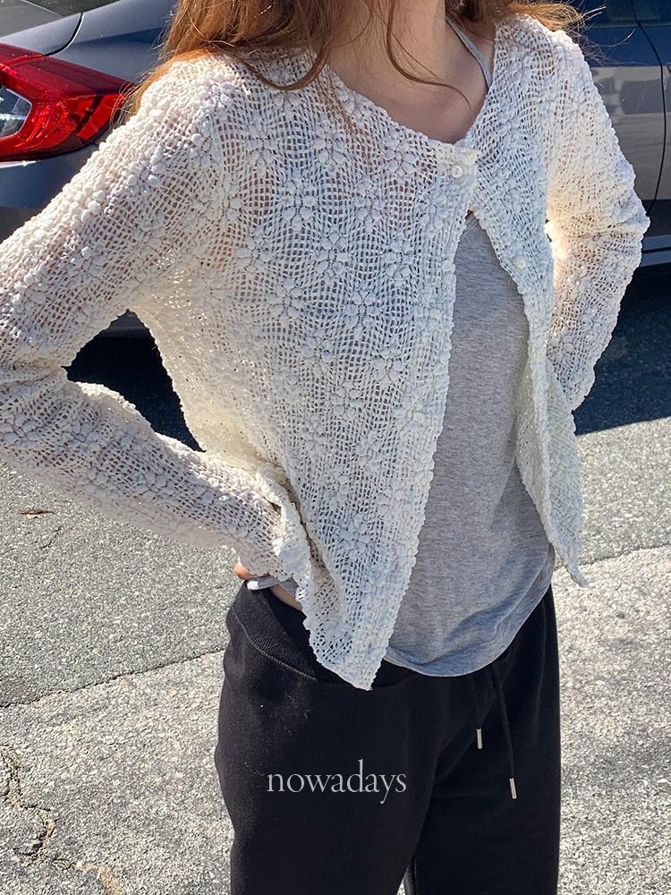 나우어데이즈 버베인 플로라 텍스처 가디건 코튼 긴팔 라운드 플라워 니트 cd