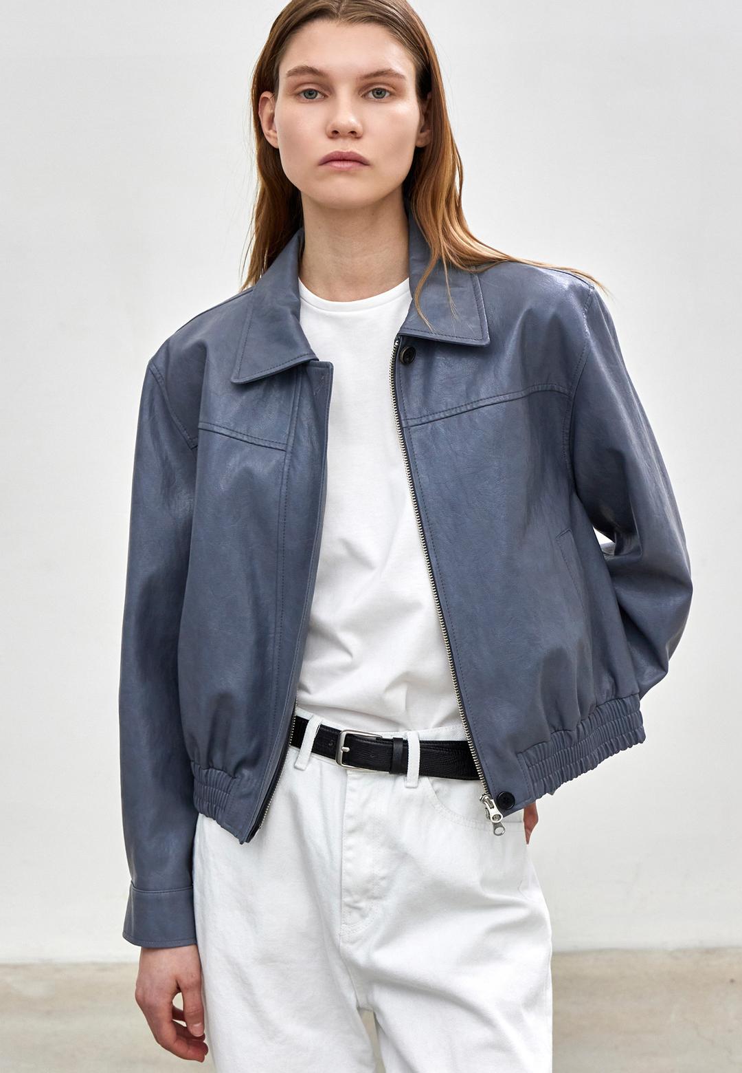 VEGAN LEATHER BIKER BLOUSON - GRAYISH BLUE