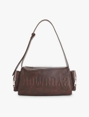 Embossed-branding zip-pockets leather shoulder bag