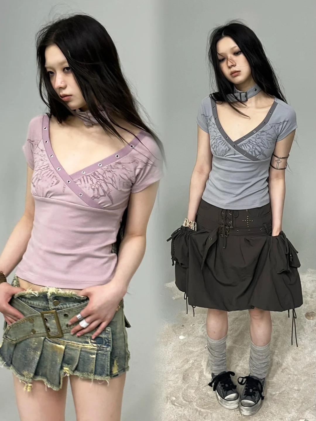 Cest Nous Romantic Punk Choker V Neck Butterfly T-Shirt