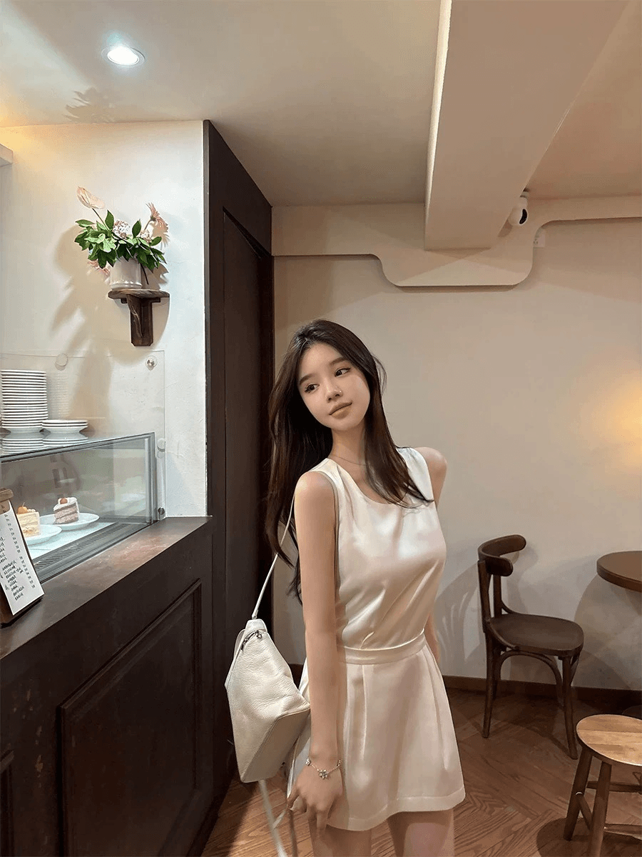 제이피 레이어링 슬리브리스 새틴 원피스